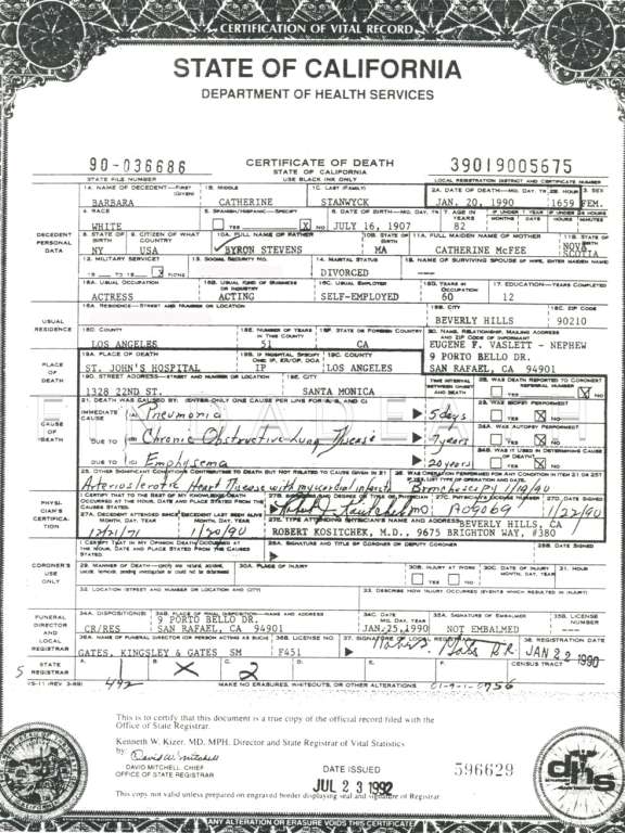 Barbara Stanwyck Death Certificate 96